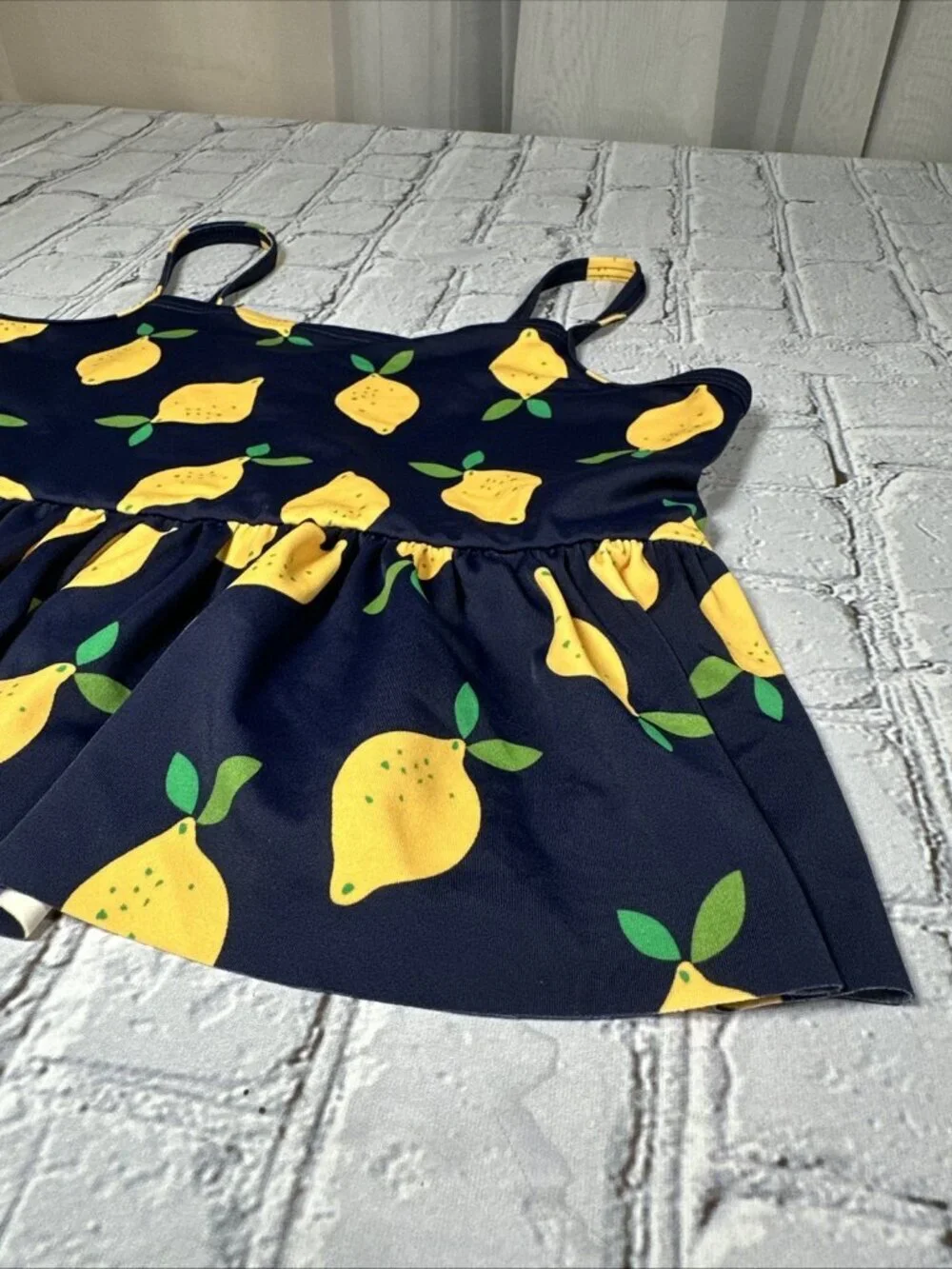Hanna Andersson Lemon Tankini Swim Top Size 140 CM 10 Navy Blue Yellow Girls